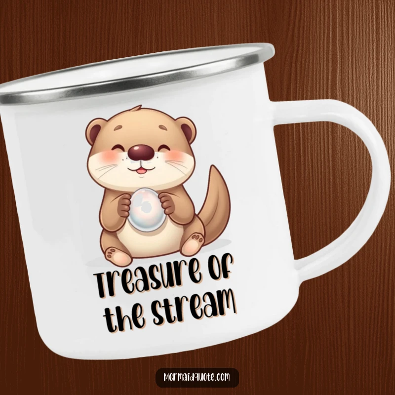 Funny camping mug showing a curious otter creature happily holding a glowing pearl. Great for outdoor beverages.