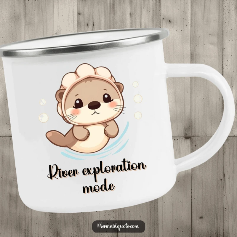 Funny Camping Mug: A tiny otter in a seashell helmet swims cheerfully, perfect for outdoor drinks.