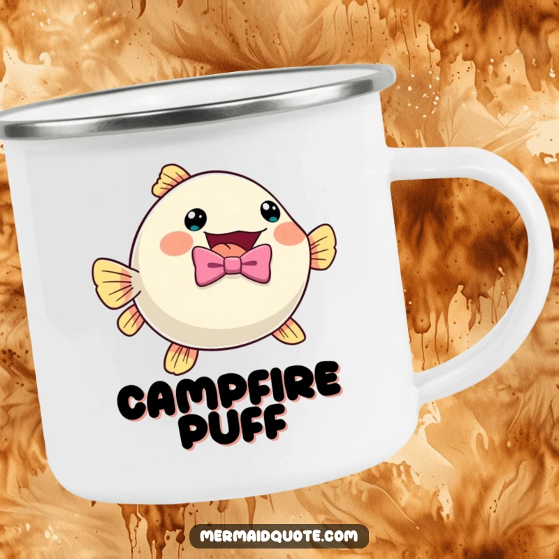 Funny pufferfish in a bow tie, inflating with excitement, on a durable camping mug for outdoor enthusiasts.