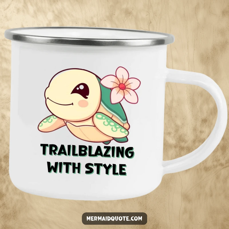 Funny sea turtle winking with a flower, swimming fast, on a durable camping mug for outdoor use.
