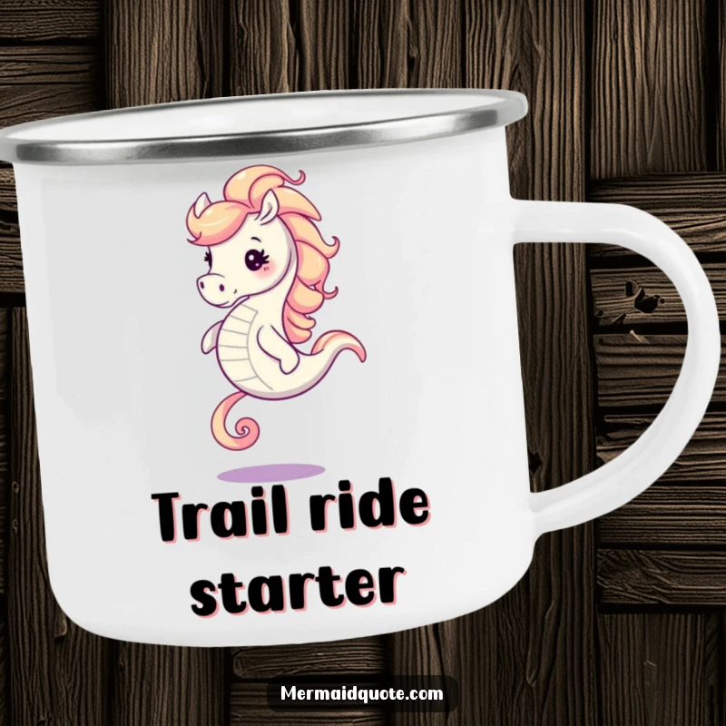 Funny seahorse with a swirling mane galloping energetically on a durable camping mug for outdoor enthusiasts.
