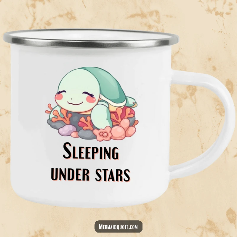 Funny sleeping turtle camping mug showing a peaceful sea turtle with a contented smile, resting near coral, perfect for relaxing outdoor moments.