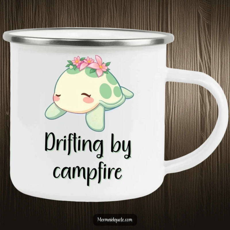 Funny enamel camping mug with a sleepy sea turtle wearing a flower crown, gently drifting, great for outdoor trips and enjoying beverages with peaceful humor, a gift.