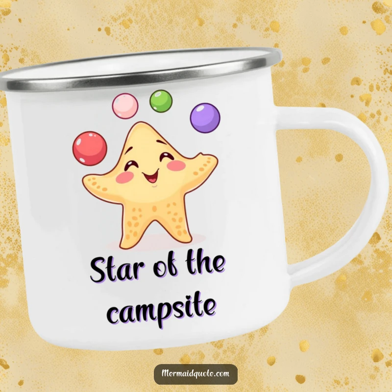 Funny Starfish Juggling Camping Mug: Durable mug with a playful starfish juggling pearls with a mischievous grin, for outdoor fun.