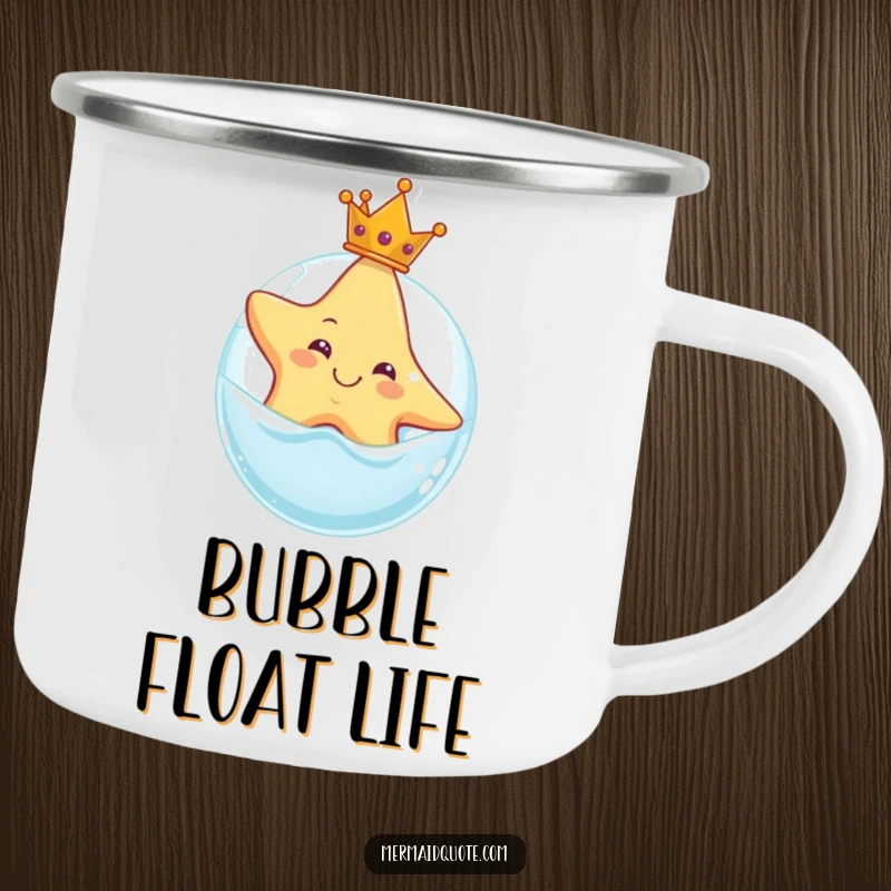 Funny and durable camping mug with a smiling starfish wearing a crown, floating on a bubble, perfect for outdoor enjoyment with regal humor.