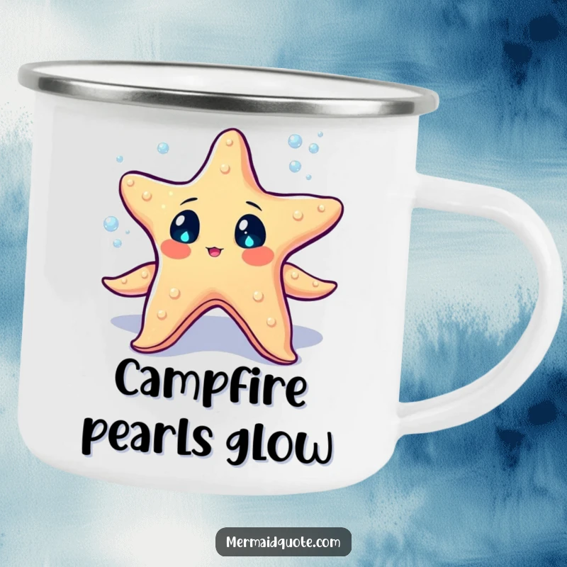 Funny starfish with sparkling eyes juggling tiny glowing sea pearls on a camping mug, perfect for outdoor fun.