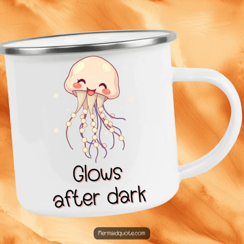 Funny enamel camping mug featuring a laughing jellyfish twirling luminous pearls, perfect for outdoor adventures and adding humor to drinks, a gift.