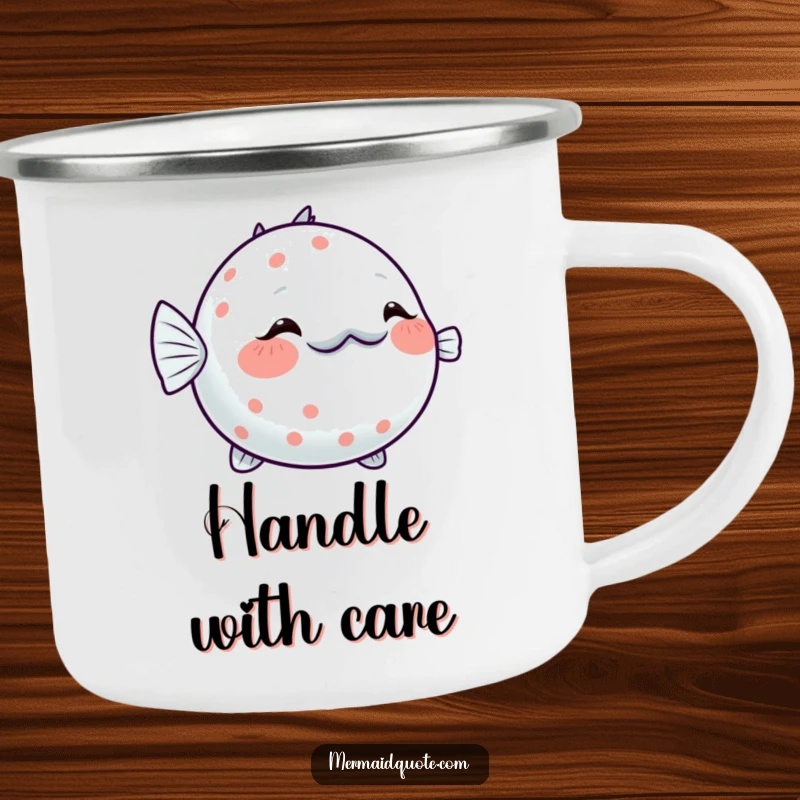 Funny Pufferfish Blushing Camping Mug: Durable mug with a shy pufferfish inflating slightly with a sparkling blush, for outdoor sweetness.
