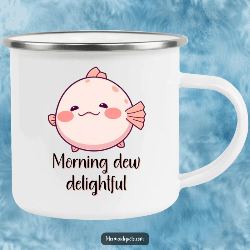 Funny Camping Mug of a shy pufferfish slightly inflating with a hesitant giggle, designed for adventurers who enjoy humorous ocean themes.