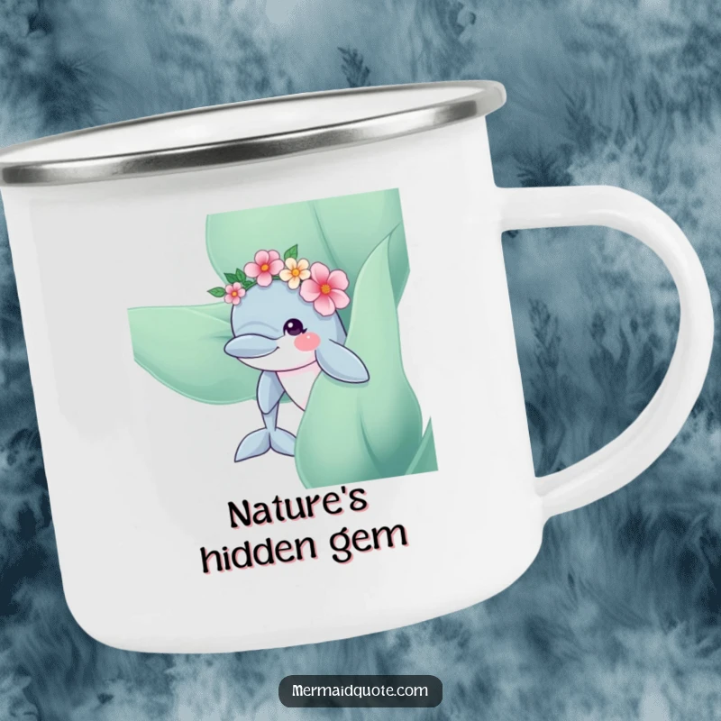 Funny Dolphin Flower Crown Camping Mug: Durable mug with a curious dolphin and flower crown peeking from kelp, for outdoor whimsy.
