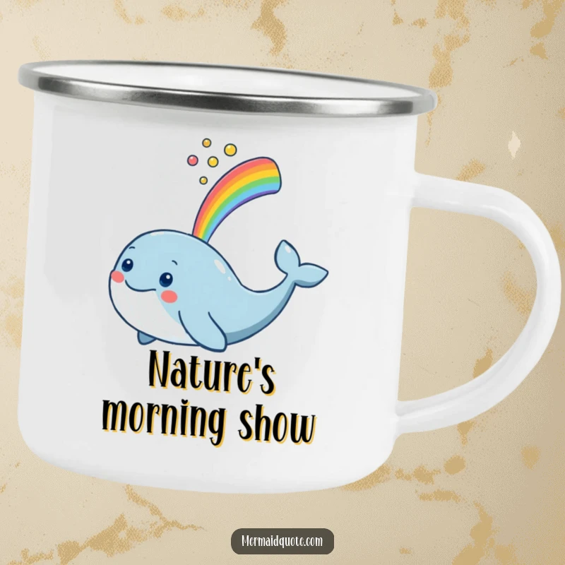 Funny smiling whale spouting a rainbow on a durable camping mug for outdoor enthusiasts.
