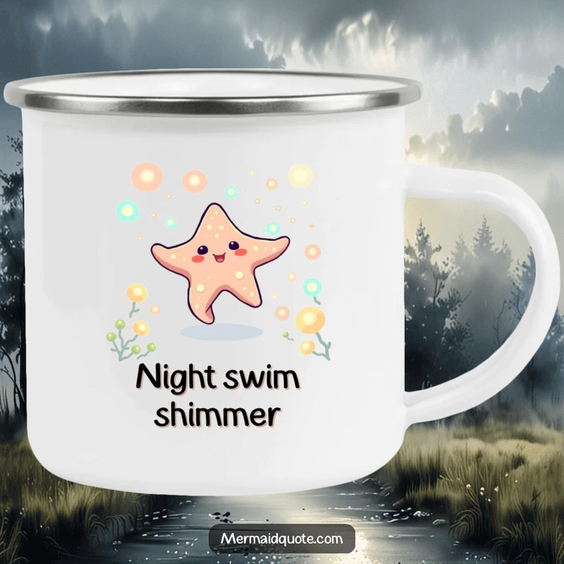 Funny camping mug showing a playful starfish creature dancing amidst glowing plankton. Great for outdoor beverages.