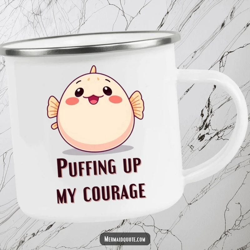 Funny camping mug showing a shy pufferfish comically inflating into a round shape, ready for outdoor fun and laughs.