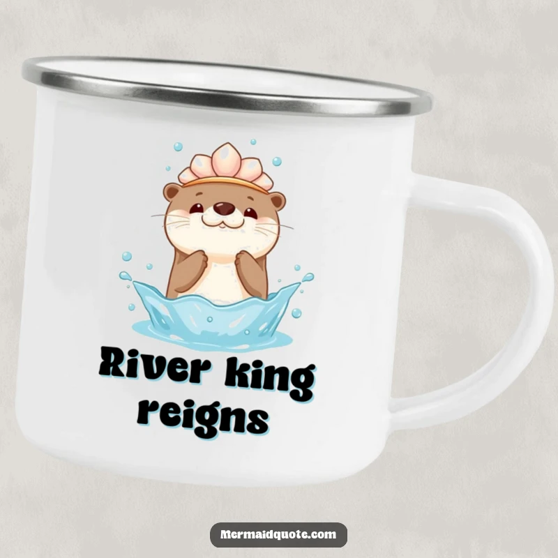 Funny enamel camping mug showing a kawaii otter with a seashell crown, playfully splashing water upwards, ideal for enjoying beverages outdoors with cute humor.