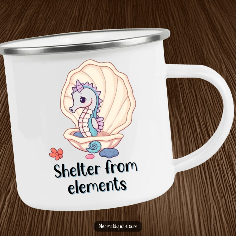 Funny cute seahorse peeking from a giant clam shell, a durable camping mug for ocean adventures.
