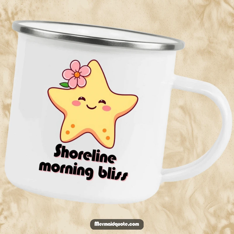 Funny camping mug with a smiling starfish dancing with a flower, perfect for enjoying drinks during beachside or campfire fun.