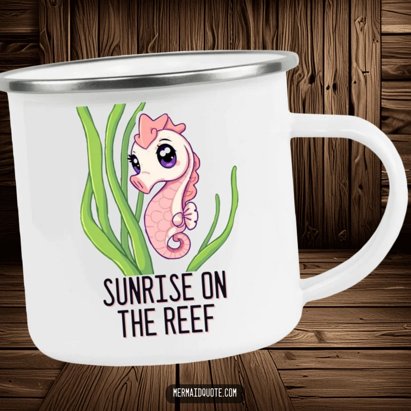Funny Camping Mug of a curious seahorse with sparkling eyes peeking from seaweed, designed for adventurers who enjoy oceanic humor.