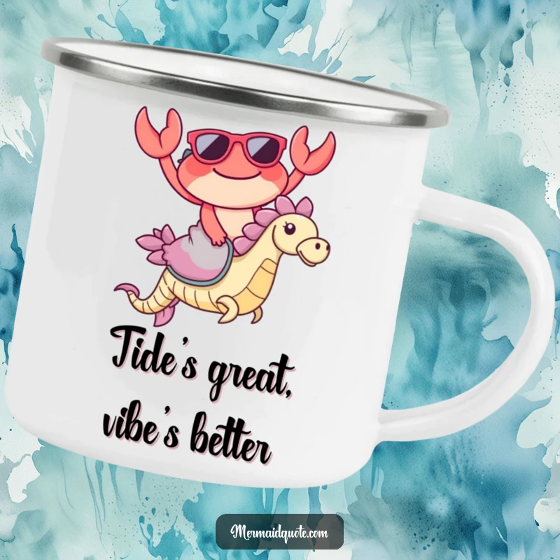 Funny Crab Sunglasses Camping Mug: Durable mug with a happy crab in sunglasses riding a seahorse, perfect for outdoor laughs.