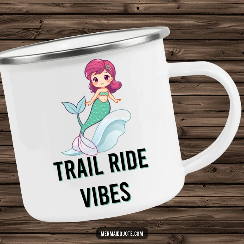 Funny camping mug of a mermaid happily riding a wave, tail swishing, for outdoor joy.