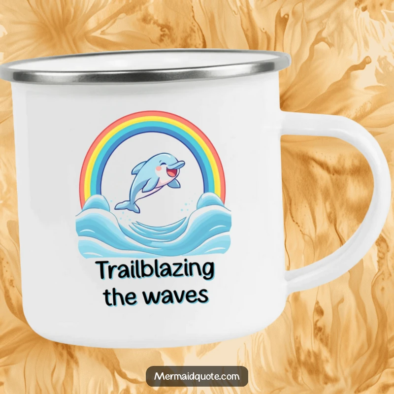 Funny camping mug depicting a joyful dolphin leaping through a rainbow over the ocean, inspiring happy outdoor moments.