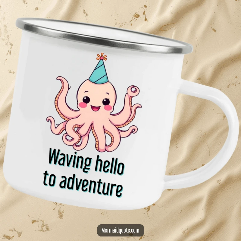 Funny cheerful octopus with a party hat, waving arms, ready for fun on a sturdy camping mug.