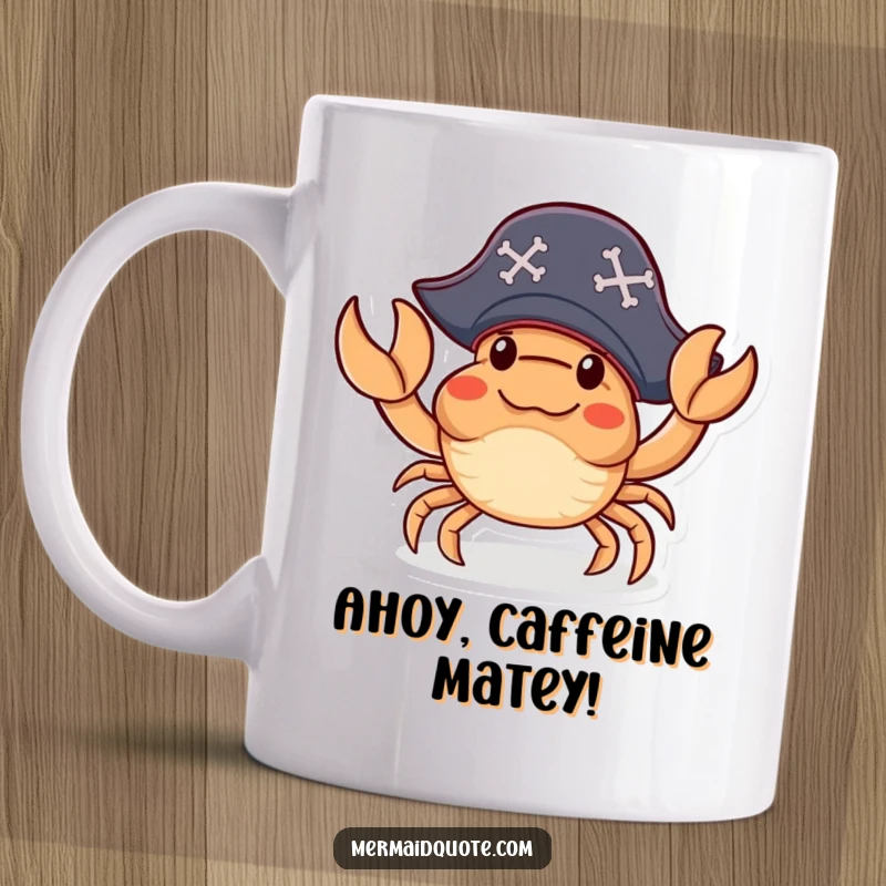 Funny Mug of a small crab wearing a pirate hat, waving a claw in a friendly, humorous greeting.
