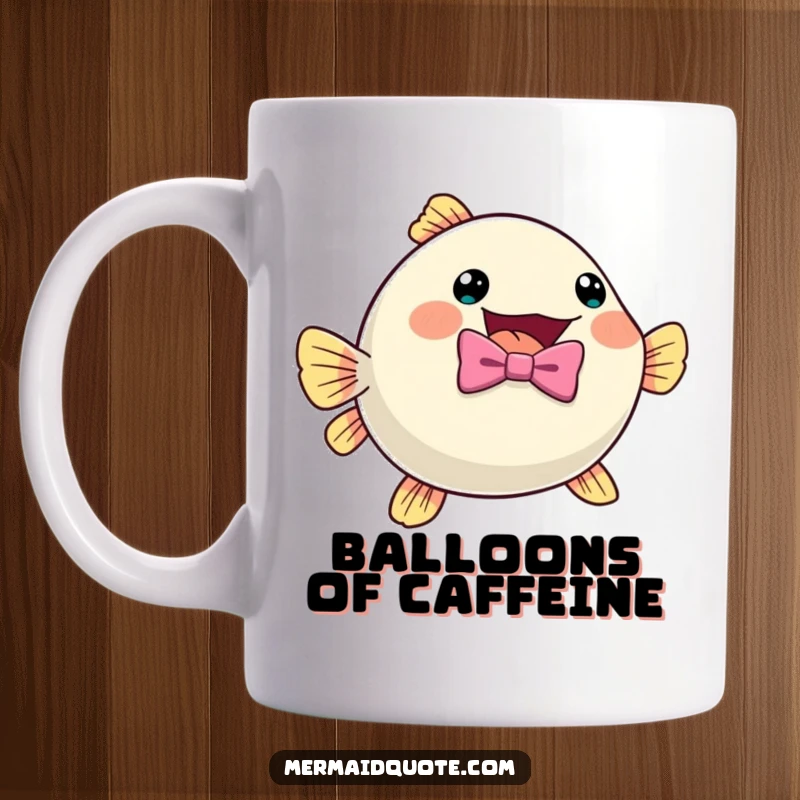 Funny, cute pufferfish wearing a bow tie, inflating with excitement, depicted on this novelty mug.