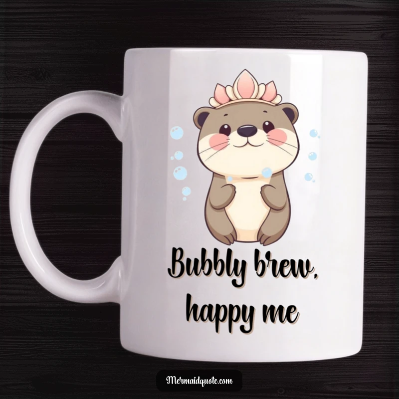 Funny kawaii otter wearing a seashell crown blowing bubbles on a mug, cute and whimsical design for ocean lovers.