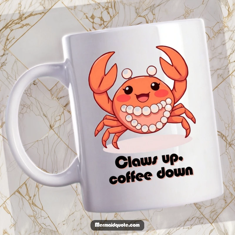 Funny joyful crab creature happily waving its claws, adorned with elegant pearls, on a delightful mug.