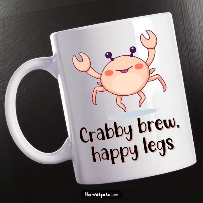 Funny little crab with extra legs doing a funny leg dance on a mug, comical beach humor.