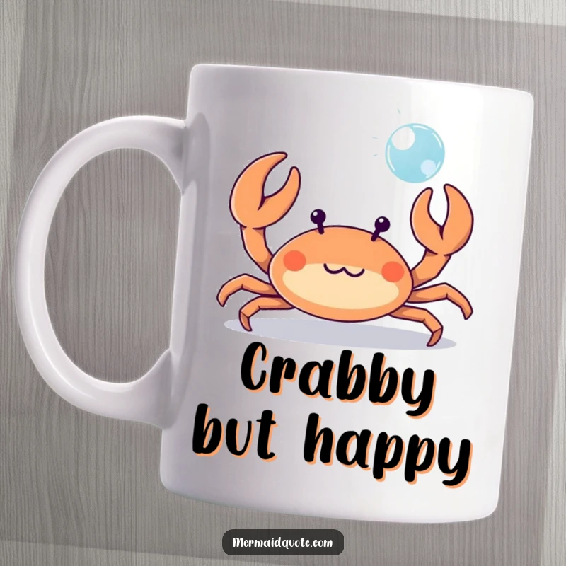 Funny tiny crab playfully waving its tiny claws enthusiastically at a passing bubble, capturing seaside amusement.