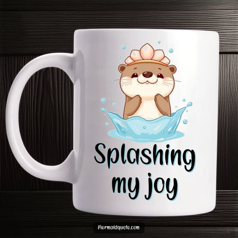 Funny mug showcases a kawaii otter with a seashell crown, playfully splashing water upwards with a happy expression, perfect for cute animal lovers.