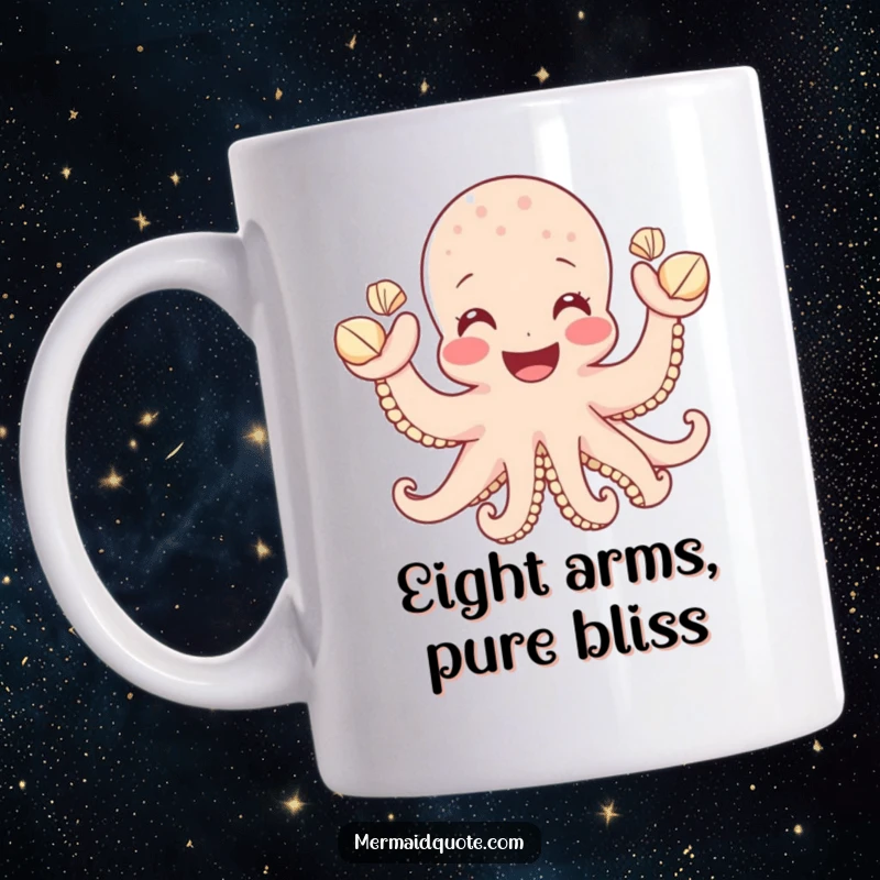 Funny mug of a joyful octopus with a wide smile, enthusiastically waving many small seashells with its tentacles, radiating happiness.