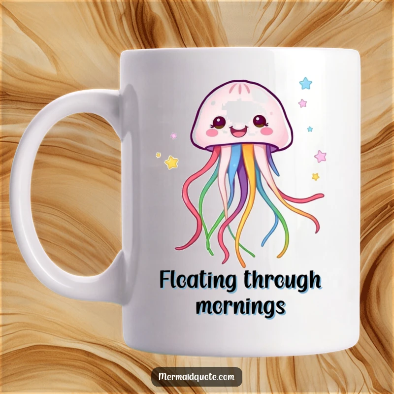 Funny happy jellyfish creature with a smiling face, trailing long, colorful ribbons through clear blue water.