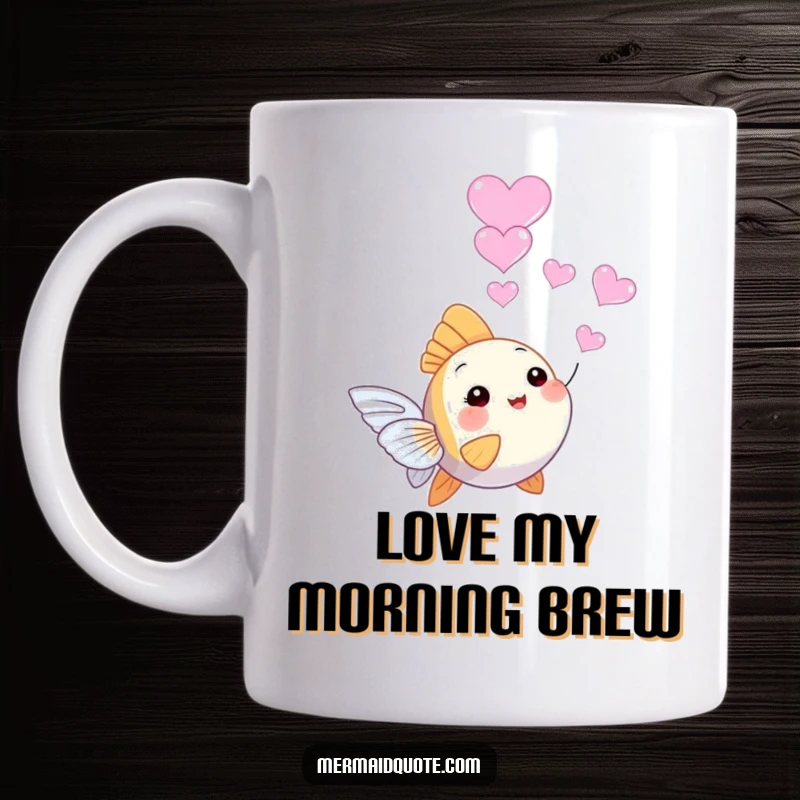 Funny tiny angelfish mug, happily blowing a string of cute, heart-shaped bubbles, conveying sweetness and gentle humor.