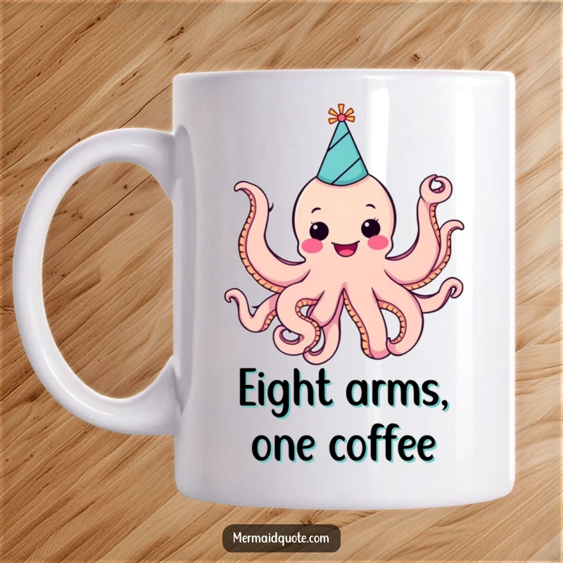 Funny cheerful octopus wearing a colorful party hat, enthusiastically waving all eight arms, printed on a festive mug.