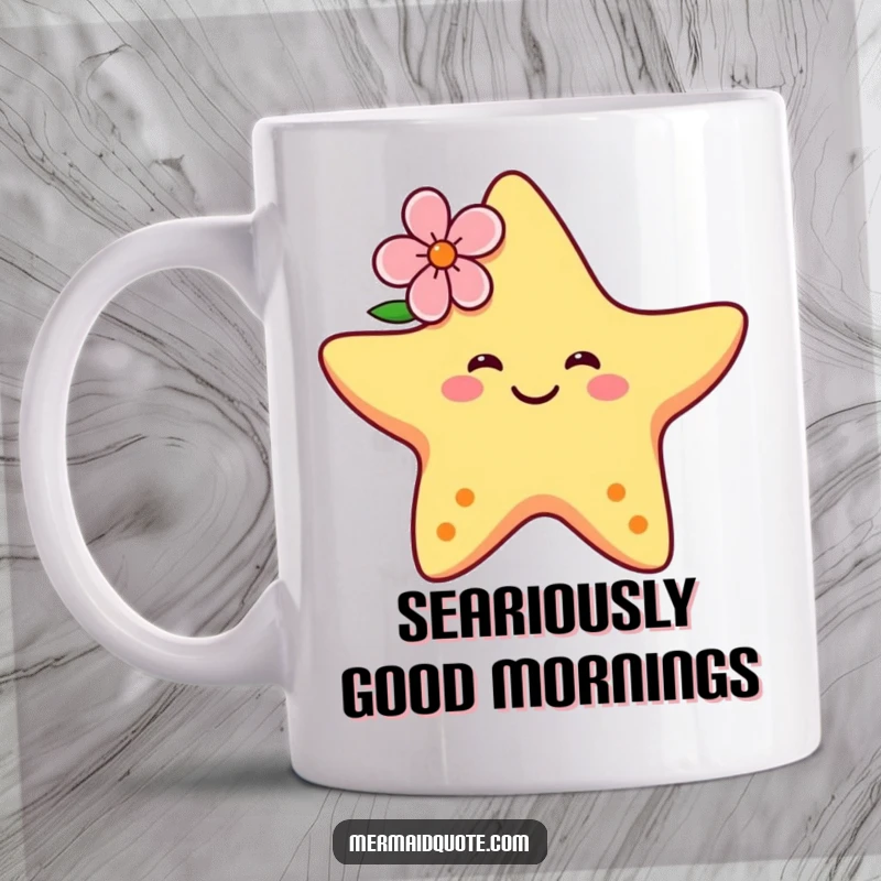Funny mug featuring a happy, smiling starfish with a flower tucked behind its ear, joyfully dancing with graceful, flowing movements.