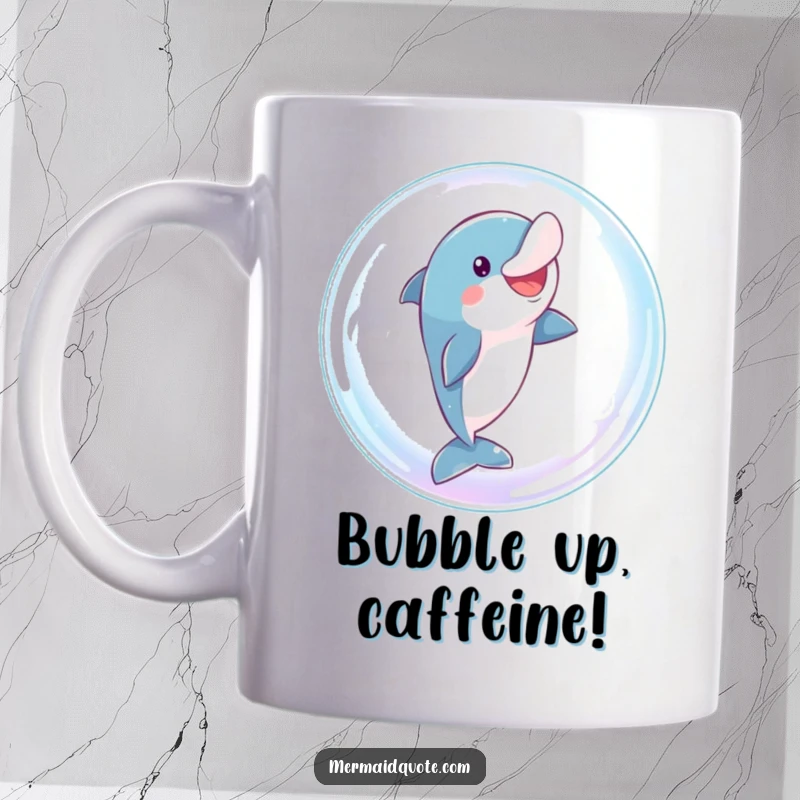 Funny dolphin mug showing a playful character comically leaping through a giant, sparkling bubble with excitement and glee.
