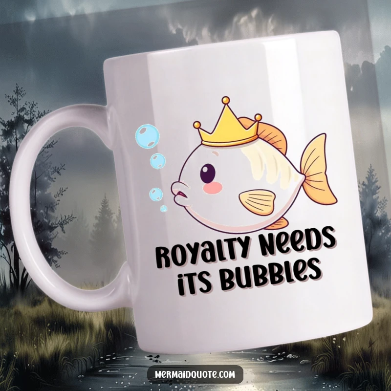 Funny kawaii fish with a tiny crown blowing a stream of bubbles, looking majestic and cute on a mug.