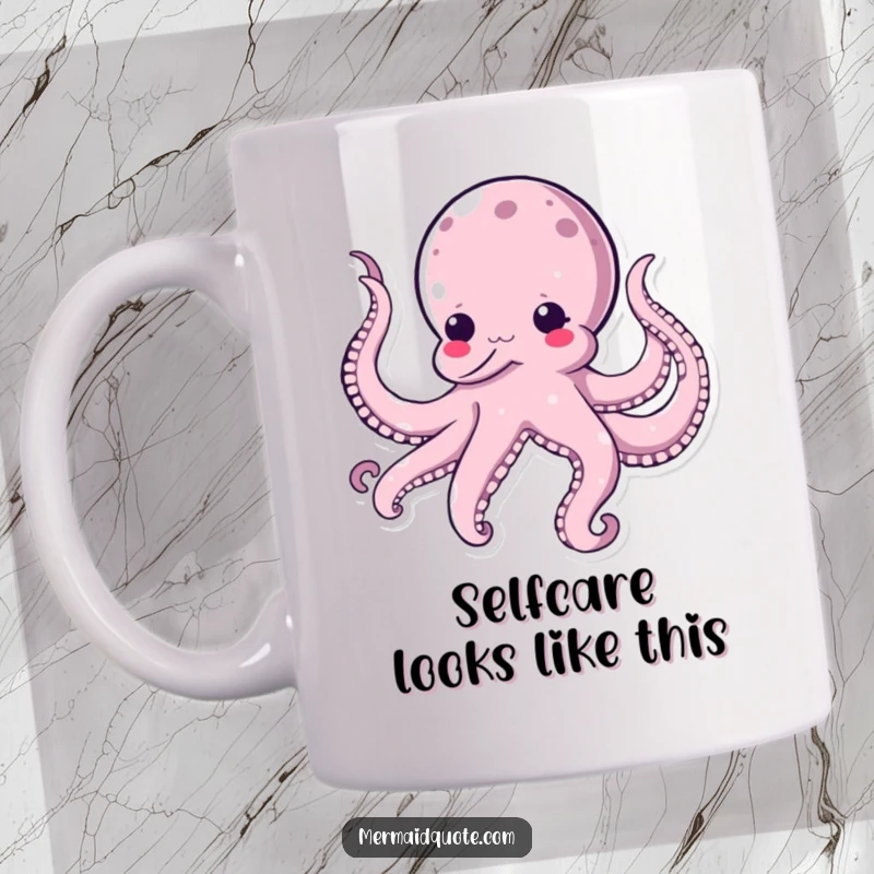 Funny kawaii octopus mug, lovingly tickling its own tentacles with a silly, joyful expression, perfect for humor lovers.