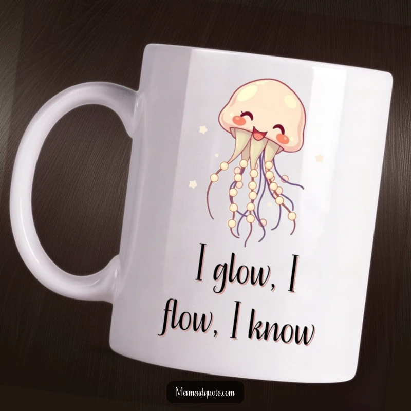 Funny mug of a laughing jellyfish gracefully twirling a glowing string of pearls, radiating joy and elegance, perfect for humor lovers.