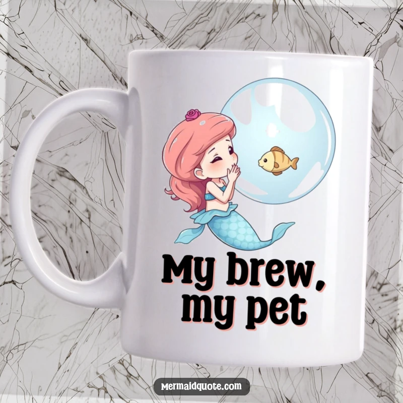 Funny mug featuring a mermaid blowing a shimmering bubble containing a tiny fish, evoking wonder and gentle humor.