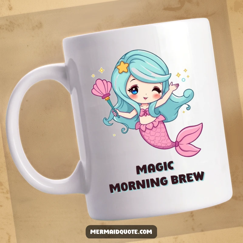 Funny mug featuring a mermaid waving a seashell wand, casting sparkling magic with a joyful expression.