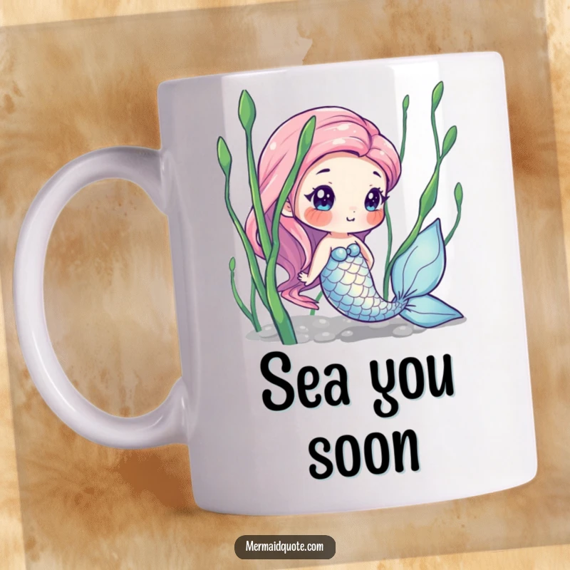 Funny mug featuring a curious mermaid with iridescent scales, peeking playfully from behind seaweed, evoking underwater enchantment.