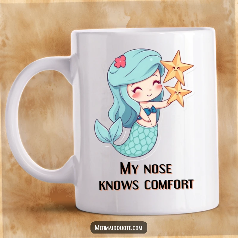 Funny mug featuring a smiling mermaid skillfully balancing a starfish on her nose, a whimsical underwater delight.