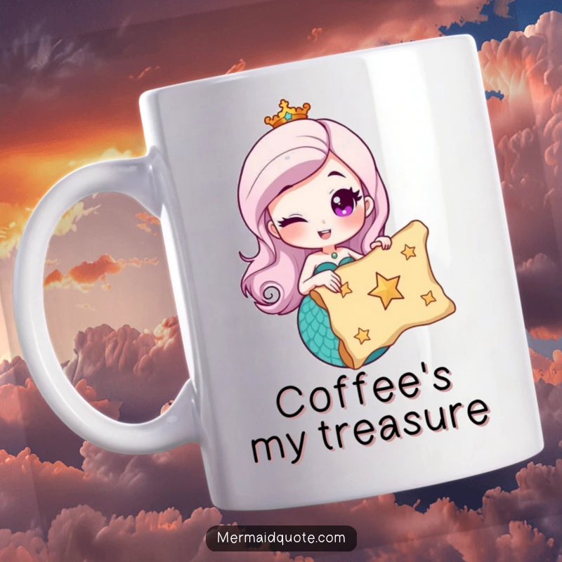 Funny mug featuring a winking mermaid holding a treasure map marked with a star, hinting at exciting discoveries.