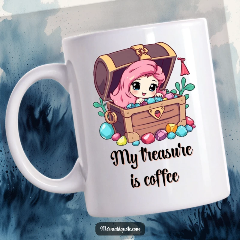 Funny mug featuring a curious mermaid peeking from behind a pirate chest overflowing with sparkling gems and treasure.
