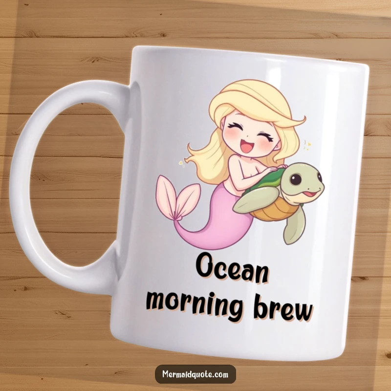 Funny mug featuring a laughing mermaid playfully tickling a shy sea turtle in a delightful underwater scene.