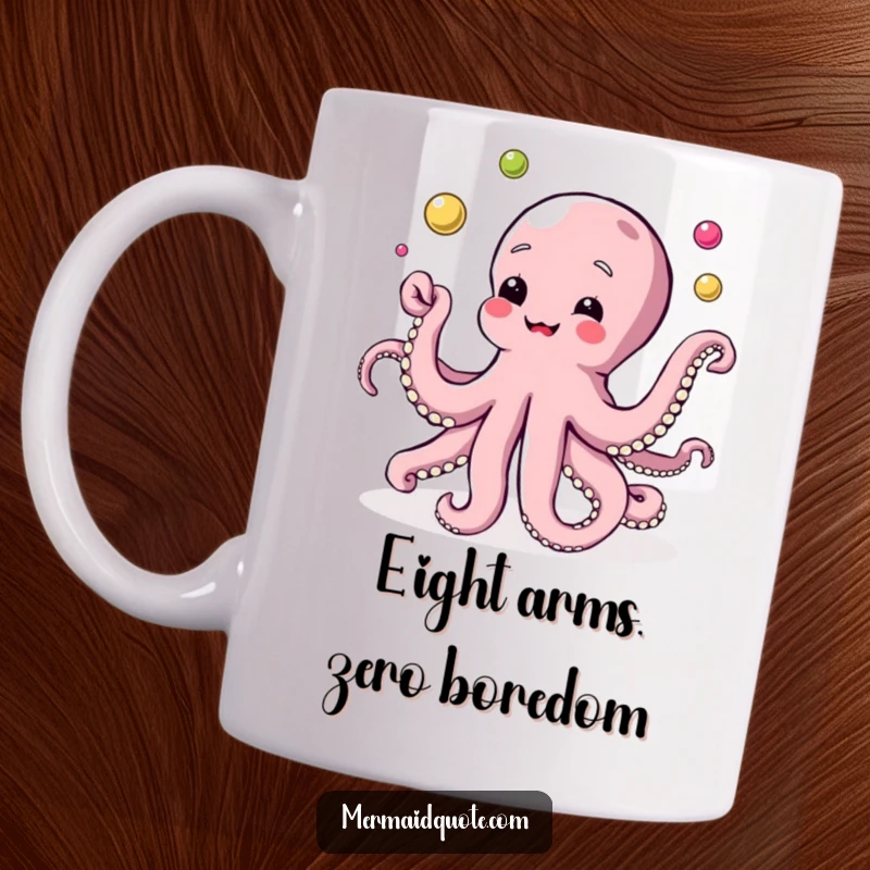 Funny mug showcasing a multi-tentacled octopus artistically juggling shimmering, colorful pearls with impressive dexterity and glee.