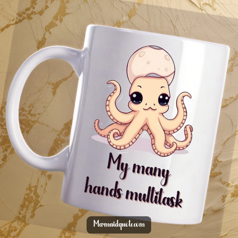 Funny octopus mug with a curious expression, precariously balancing a tall stack of colorful seashells on its eight tentacles.